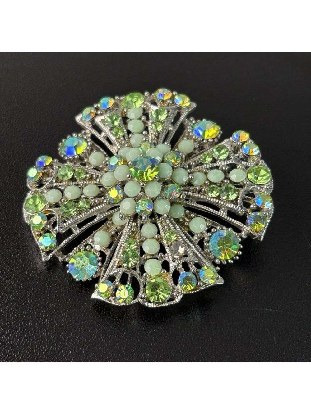Vintage Silver Tone Starburst Flower Brooch Pin Green Blue Rhinestones 2 1/8"